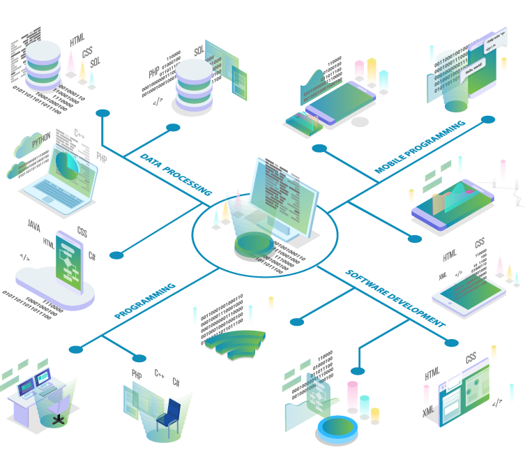 Infographic of computer science fields: programming, web development, mobile apps, software development, and data processing.